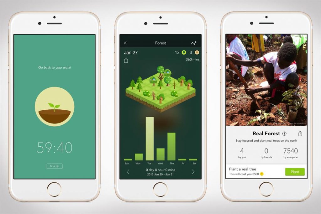 A forest app felületei okostelefonon