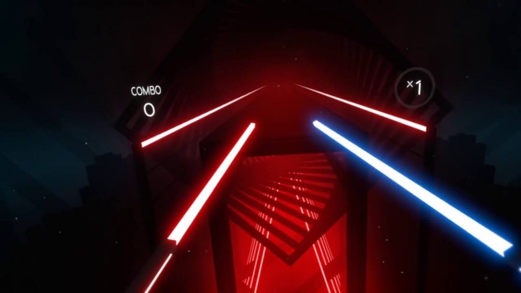 Így néz kia Beat Saber játék belülről, a virtuális sisakkal a fejükön. Szép nagy tere van.